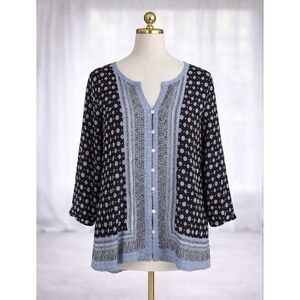 J Jill Button Up Top Black With Blue Print 3/4 Sleeve Lightweight Rayon Size M